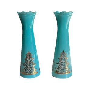 Set of Bartlett Collins Atomic Age Aqua Blue Gold Accented Asian Inspired Vases